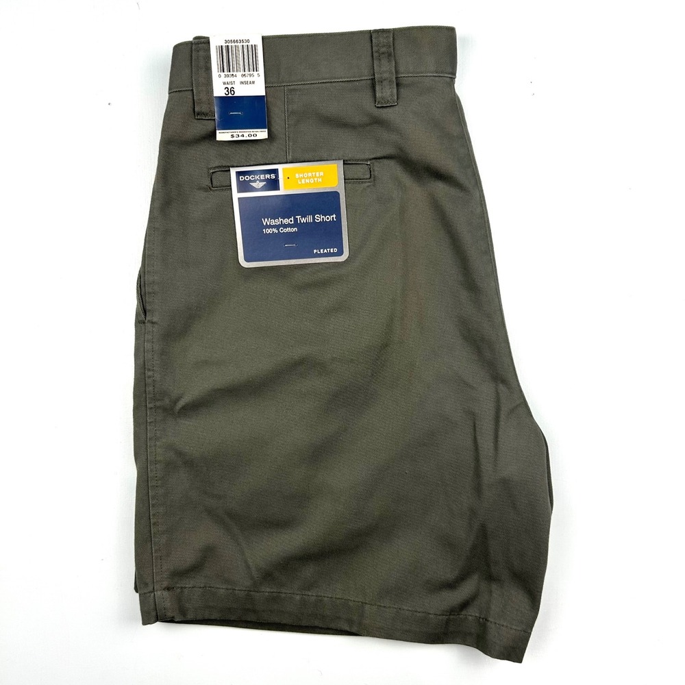 Dockers Mens Washed Twill Pleated Shorts Olive Green Shorter Length 36 305663530